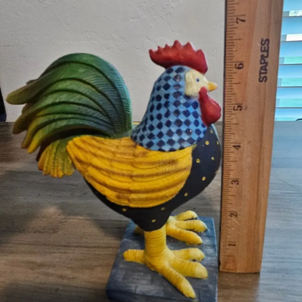 Vintage Dolgencorp Resin Rooster Statue Folk Art Patchwork Cottagecore Farmhouse
